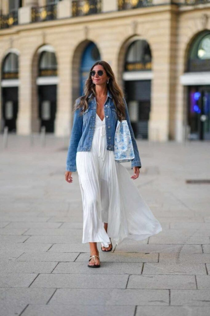 Washed Denim Jacket over a White Sundress Casual Sunday Brunch