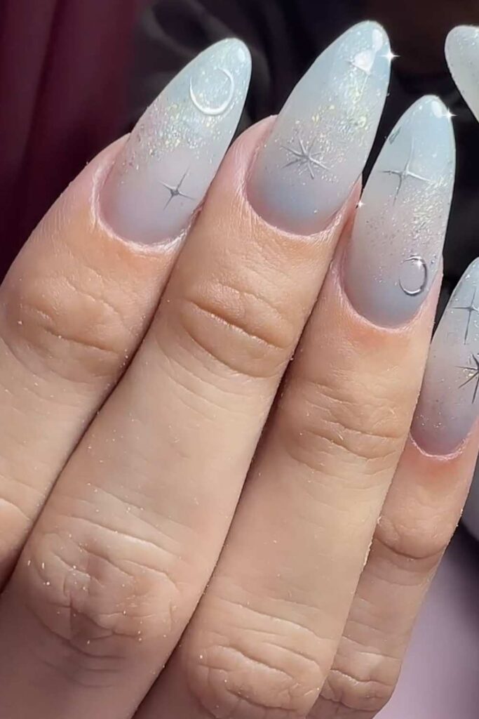 White Linen Nails with a Dusty Blue Moon Accent