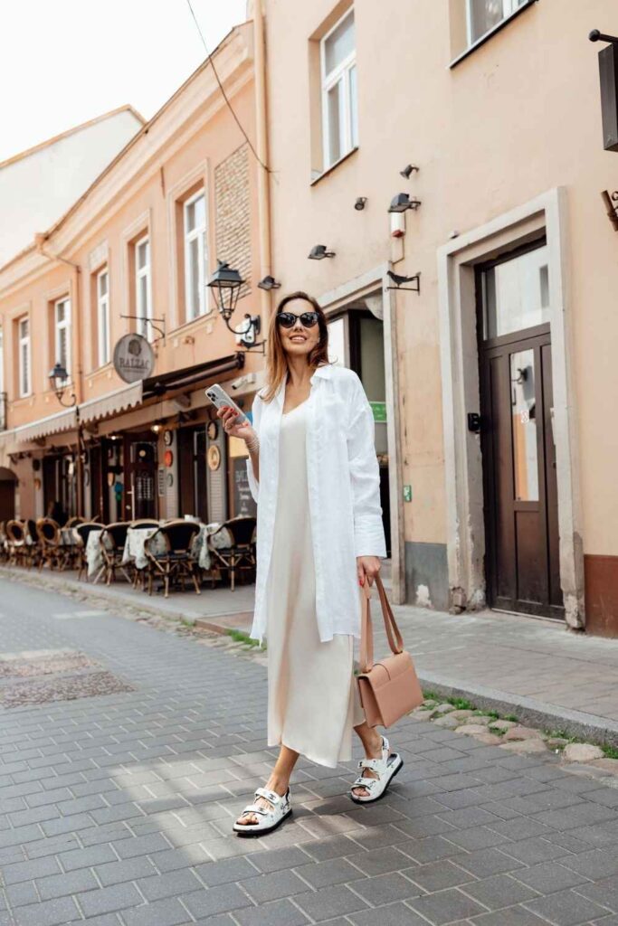 35 Budget Fashion Affordable Outfits That Look Anything But Cheap in 2026 6 White Linen Shirt Dress with Tan Sandals