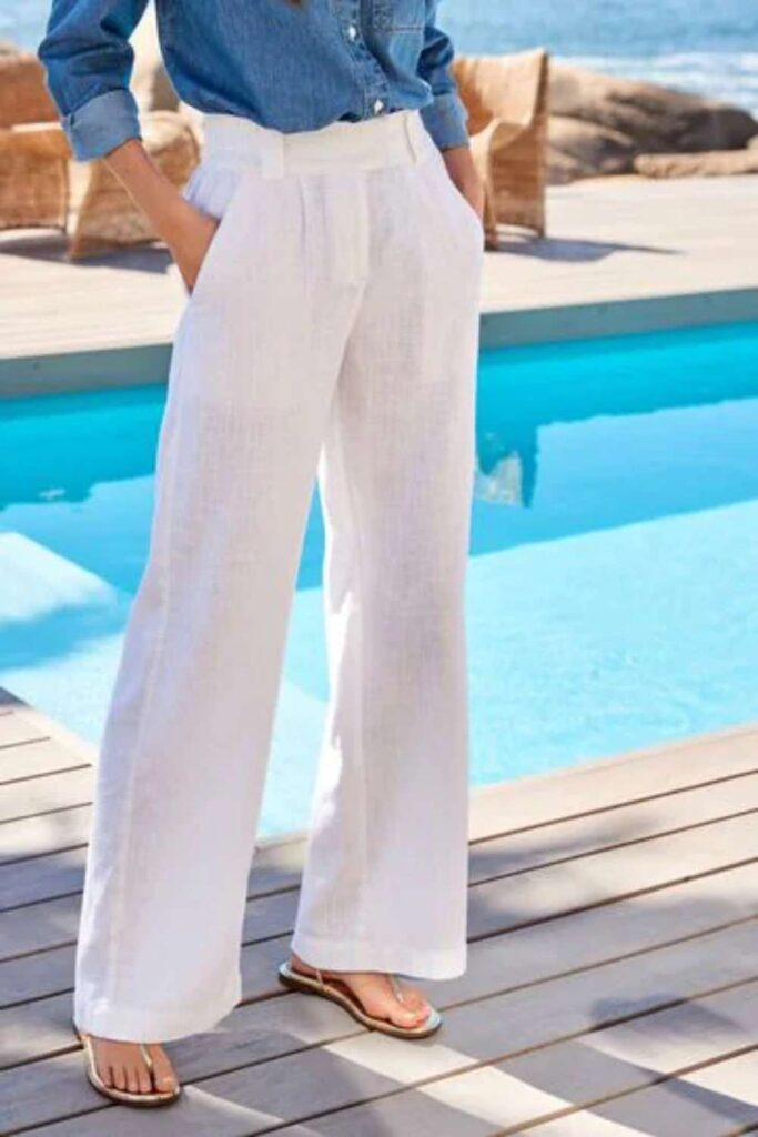 White Wide-Leg Linen Trousers with a Cropped Halter Top
