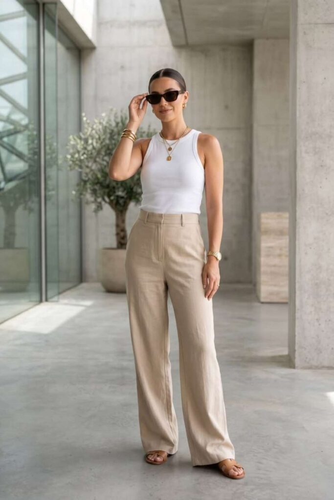 Wide-Leg Linen Trousers with a Fitted White Ribbed Tank
