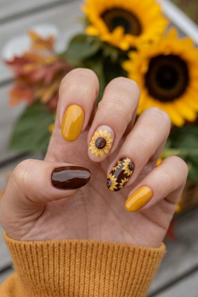 Yellow Sunflower Accent on a Deep Brown Nail