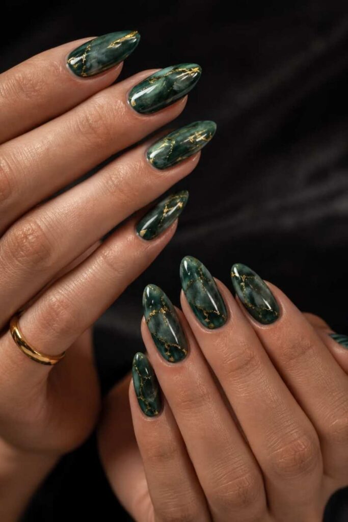 40 Best Marble Nail Art Ideas That Look Expensive But Are Easier Than You Think 4 Deep Forest Green Marble with Bronze Accents