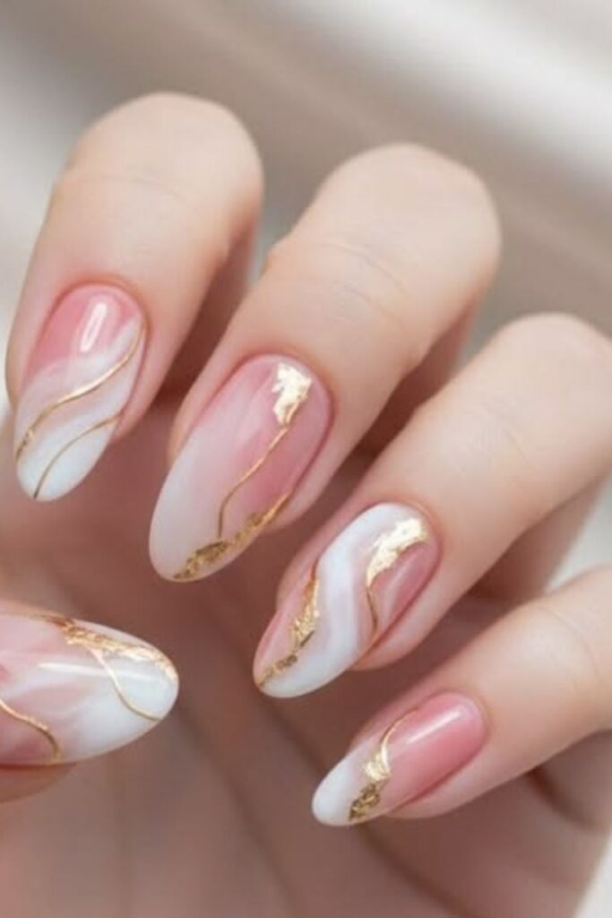 40 Best Marble Nail Art Ideas That Look Expensive But Are Easier Than You Think 8 Nude Marble with Thin Gold Line Accents