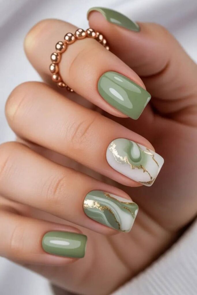 40 Best Marble Nail Art Ideas That Look Expensive But Are Easier Than You Think 9 Sage Green Marble on Short Square Nails