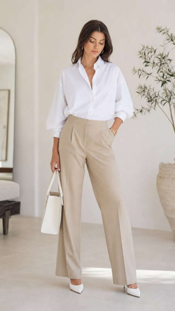 White Shirt + Camel Trousers