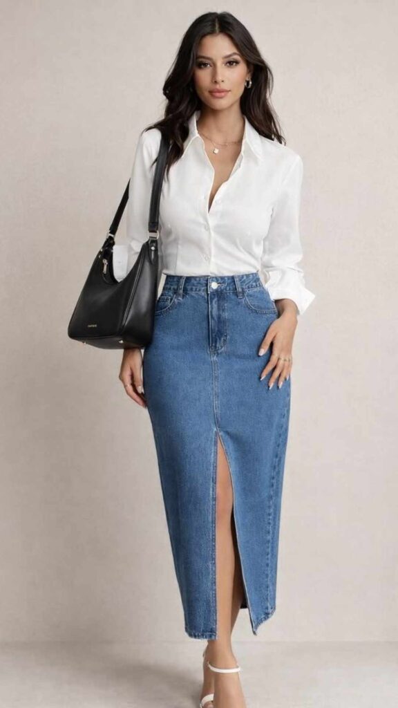 White Shirt + Denim Midi Skirt