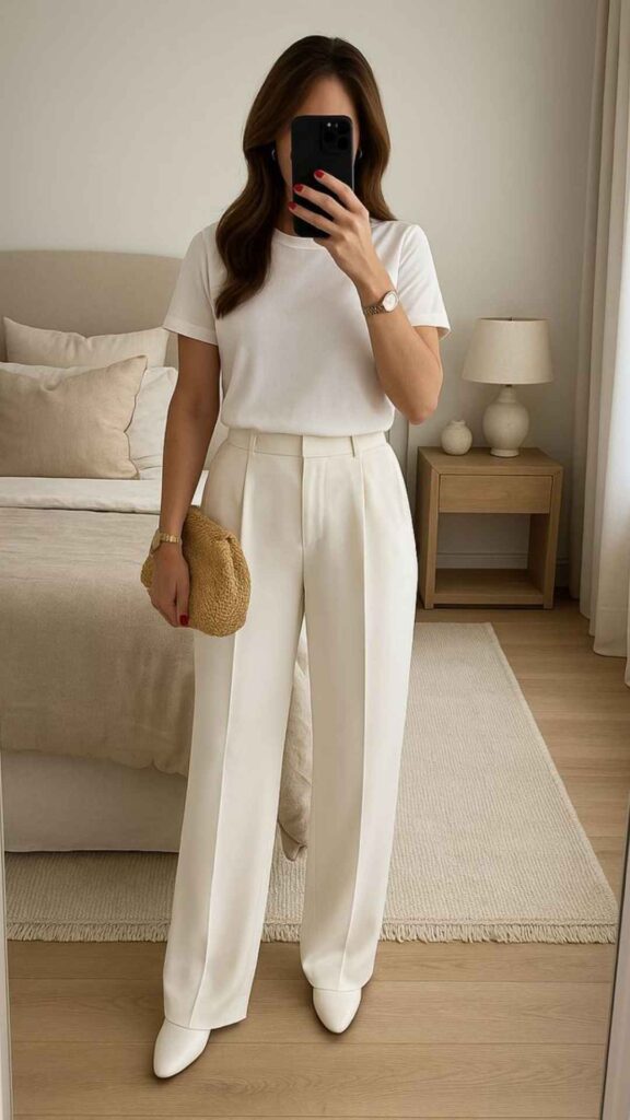 White T-Shirt + Wide-Leg Pants